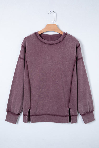 Red Sandalwood Mineral Wash Exposed Seam Side Slit Sweatshirt