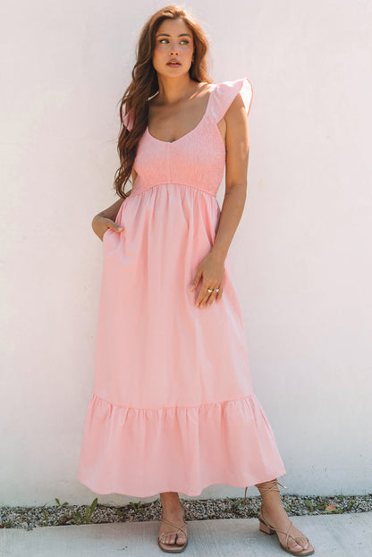 Pink V Neck Flutter Sleeve Smocked Bodice High Waist Ruffle Maxi Dress