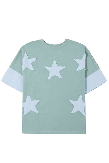 Smoke Green Frayed Denim Star Patched Oversize T Shirt