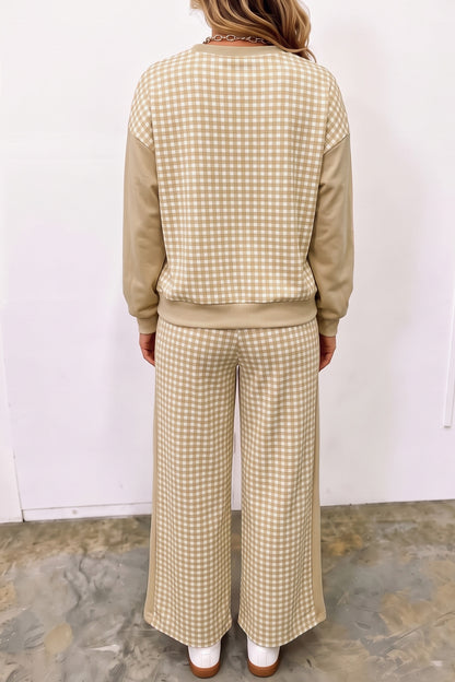 Pink Color Block Plaid Patchwork Long Sleeve Pullover Wide Leg Pant Set