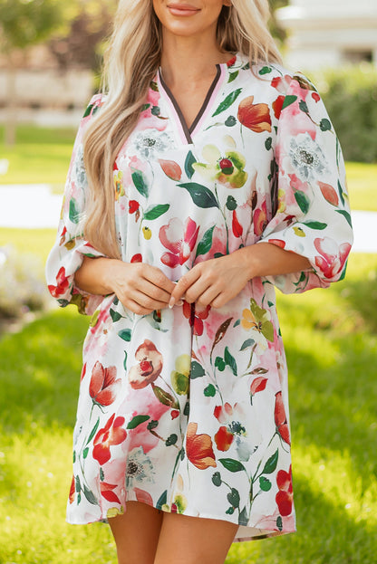 Red Floral Contrast Striped V Neck Puff Half Sleeve Shift Dress