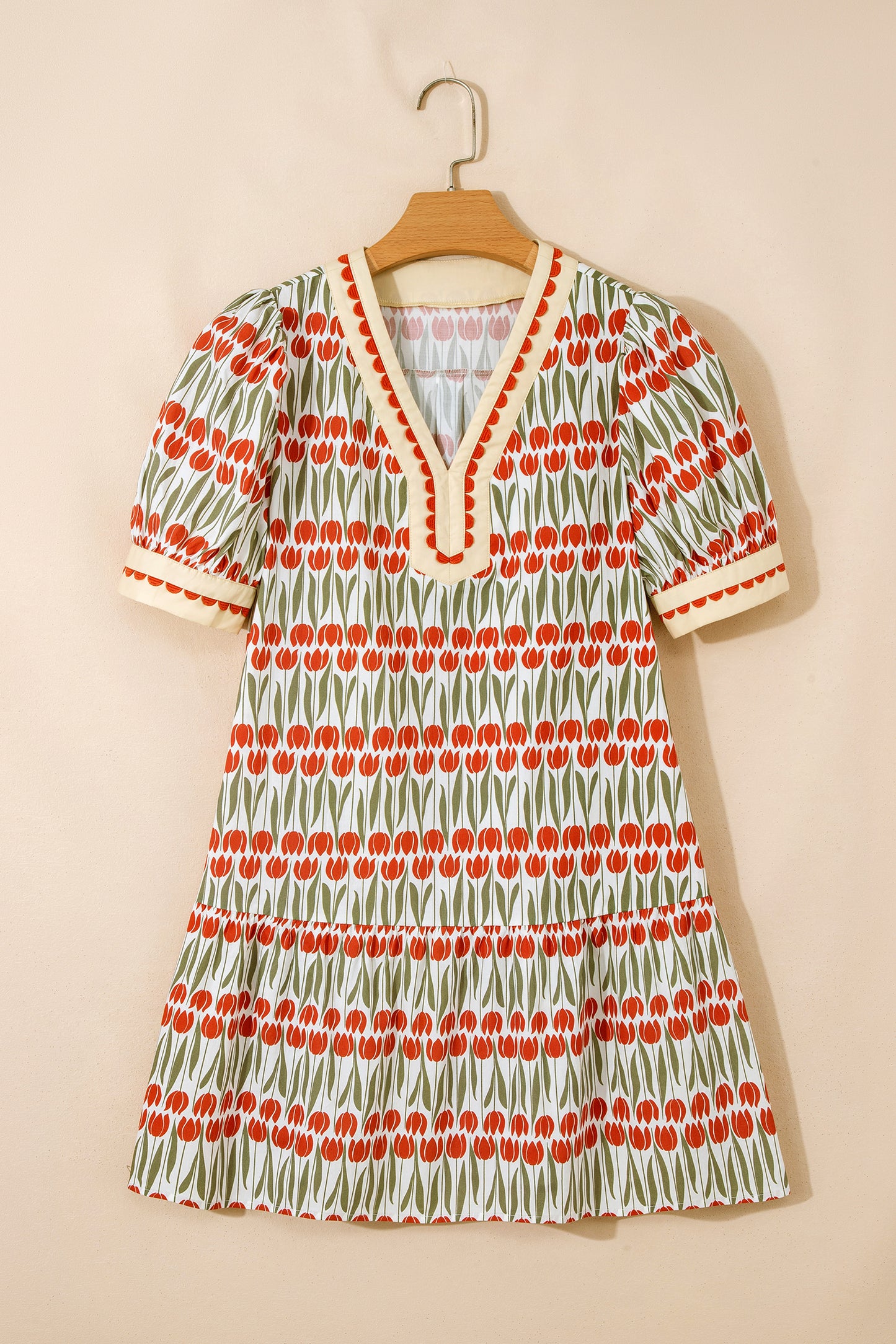 White Tulip Floral Print Cotton Puff Short Sleeve Mini Dress