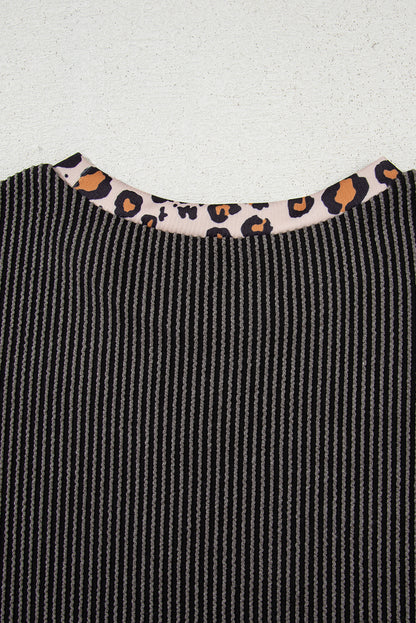 Carbon Grey Leopard Patchwork Edge Twisted Rib T Shirt and Cropped Pants Set