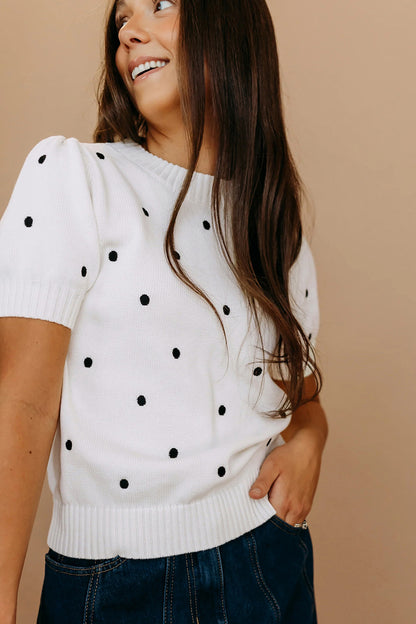 Chestnut Elegant Polka Dot Bubble Short Sleeve Sweater