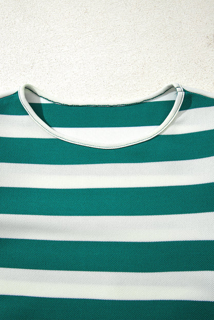 Green Stripe Flutter Sleeve Round Neck Shift Dress