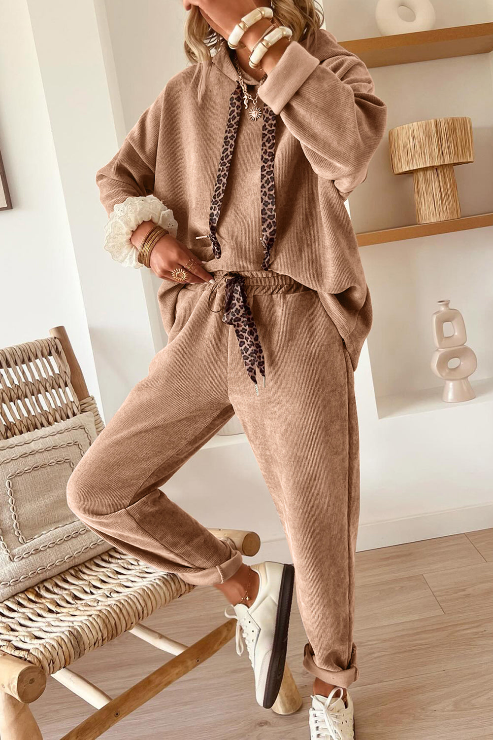 Parchment Leopard Drawstring Pullover Hoodie and High Waist Pants Corduroy Suit