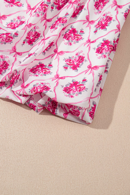 Multicolour Bow Lattice Floral Print V Neck Knot Decor Mini Dress