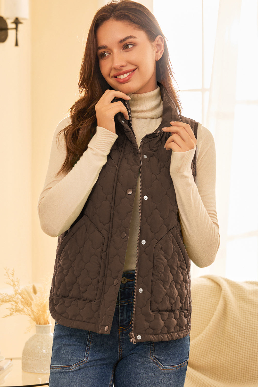 Black Flower Shape Quilted Snap Button Zip Up Winter Vest