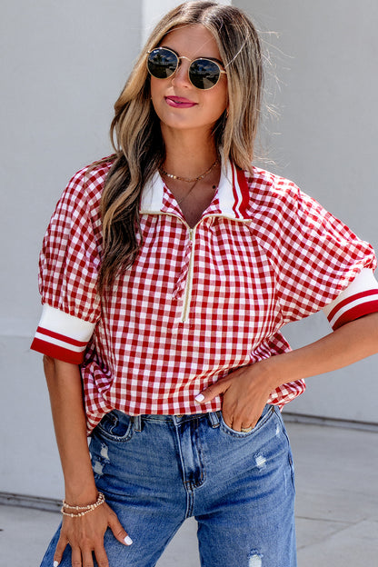Red Gingham Striped Patchwork Half Zip Blouse