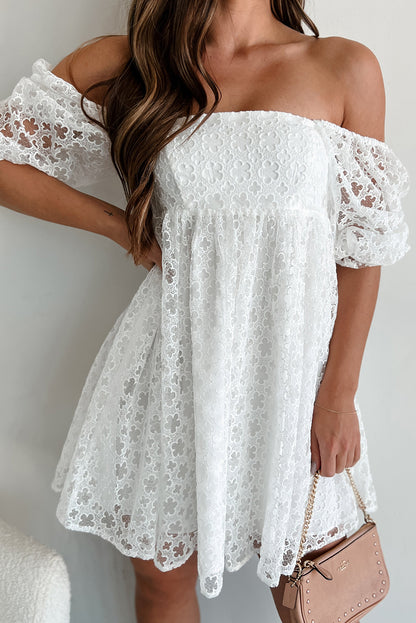 White Floral Lace Puff Sleeve Empire Waist Mini Dress