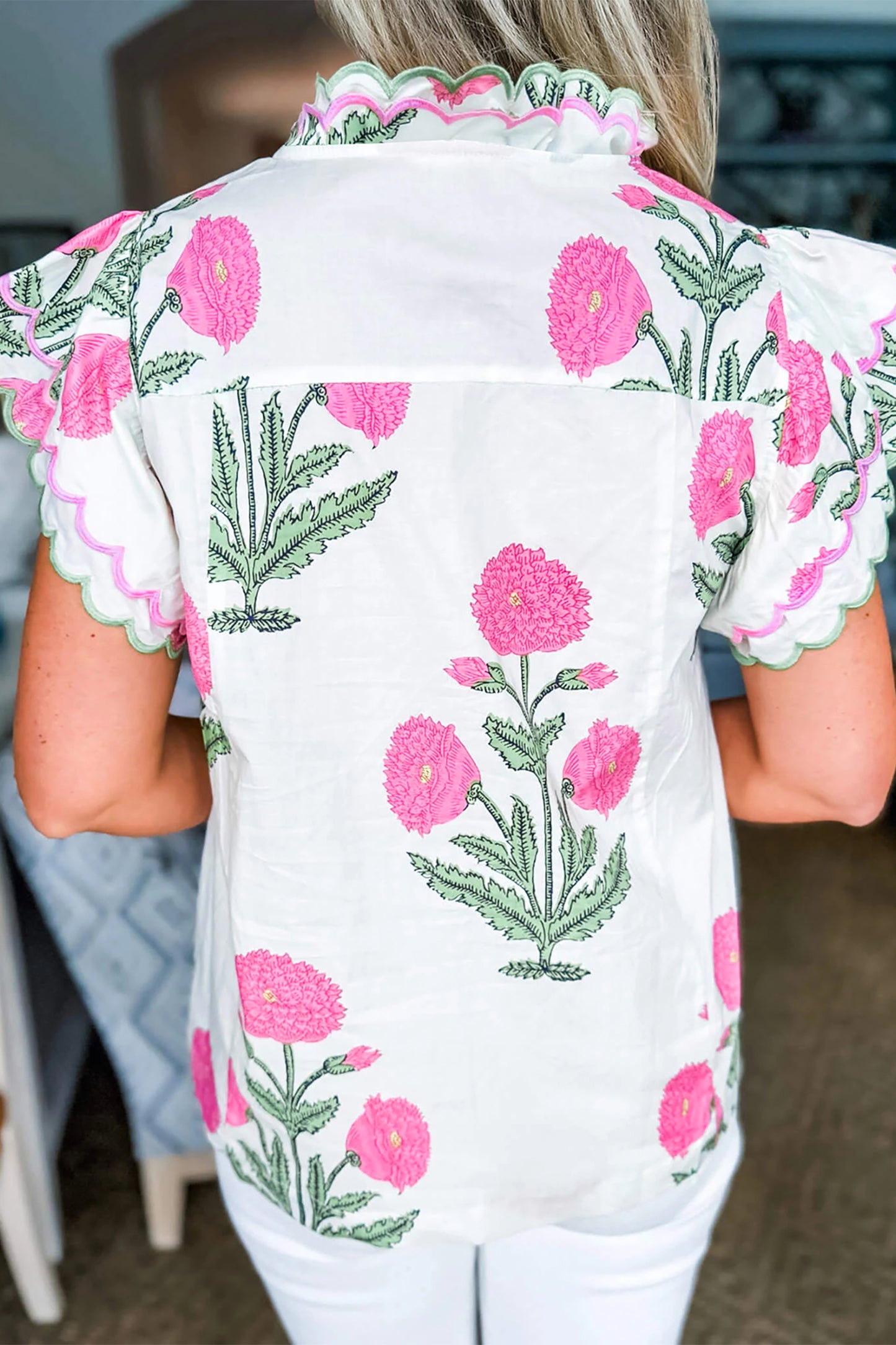 Pink Wild Flower Print Contrast Trim Scallop Detail Short Sleeve Blouse