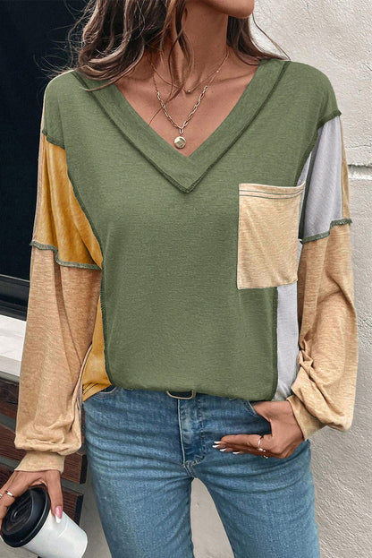 Four Leaf Clover Exposed Stitching Colorblock V Neck Long Sleeve Top