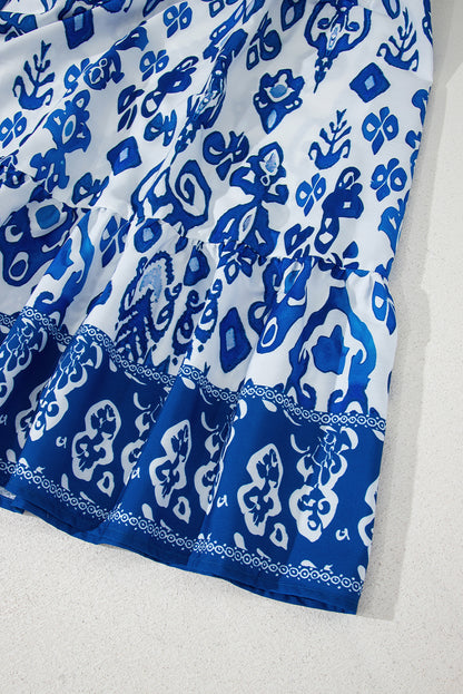 Blue Floral Puff Short Sleeve V Neck High Waist Maxi Dress