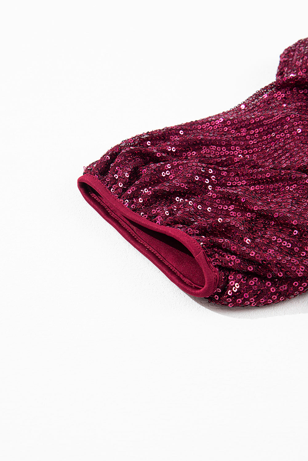 Burgundy Glittering Sequin Short Bubble Sleeve Blouse