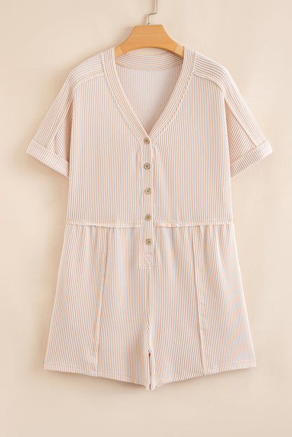 Bright Pink Spiral Ribbed Short Sleeve V Neck Buttoned Romper with Pocket