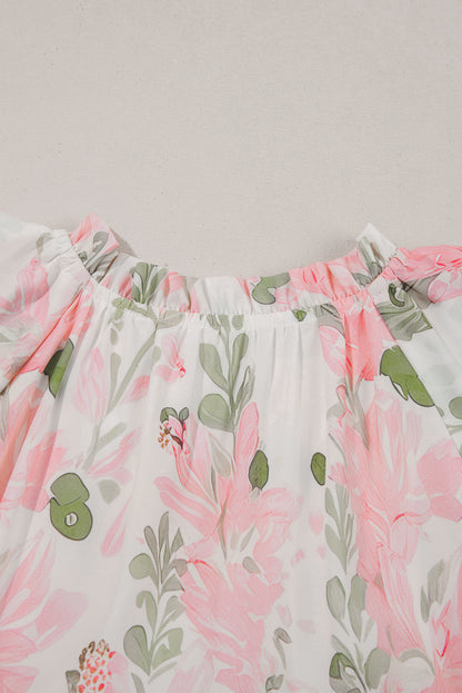 Pink Floral Contrast Edge Layered Short Sleeve Mini Dress