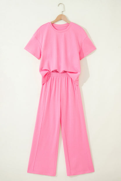 Sky Blue Solid Cover Oversize Tee Pocketed Casual Pants 2pcs Outfit