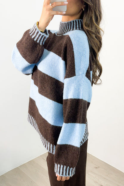Pink Stripe Contrast High Neck Dropped Shoulder Relaxed Pullover Sweater