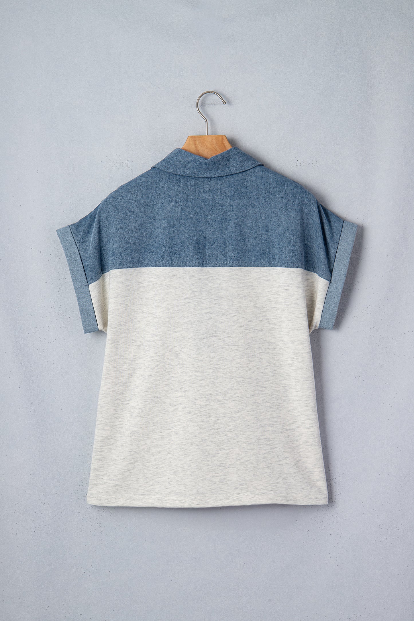 Light Grey Color Block Denim Patchwork Button Polo Collar Short Sleeve Top