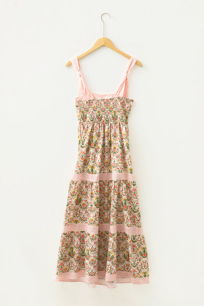 Pink Geometric Floral Print Striped Patchwork Detail Sleeveless Dress