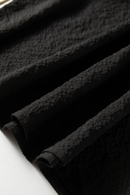 Black Color Block Patchwork Detail V Neck Textured Long Sleeve Blouse