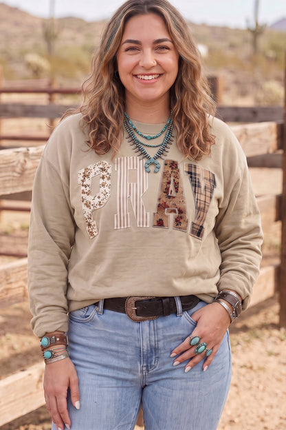 Gray PRAY Letter Patchwork Round Neck Long Sleeve Plus Size Sweatshirt