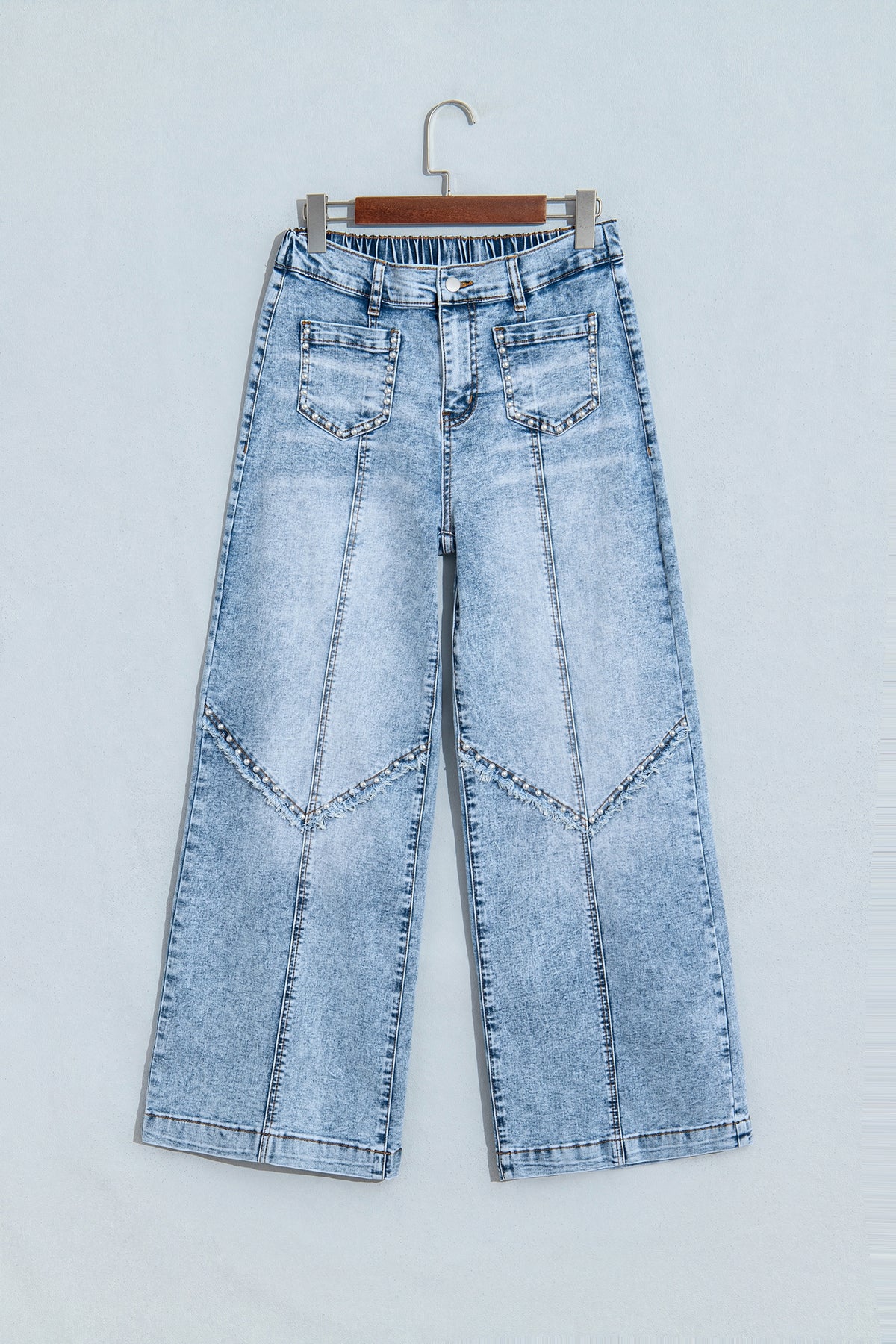 Beau Blue Frayed Studded Detail Wide Leg Pocketed Jeans