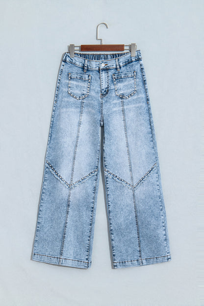 Beau Blue Frayed Studded Detail Wide Leg Pocketed Jeans