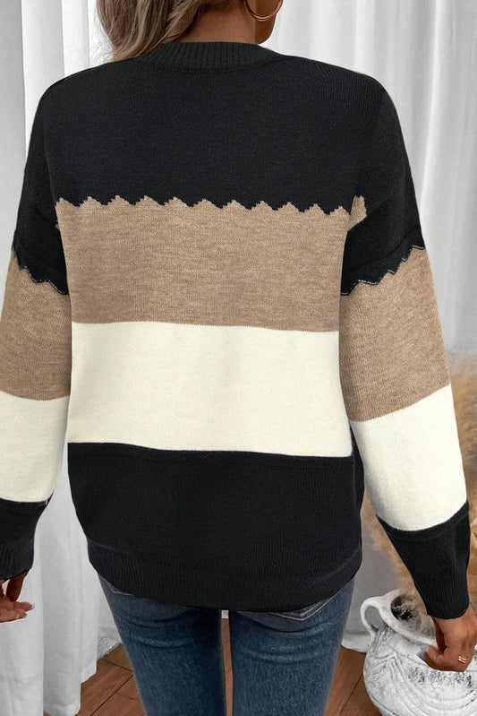 Black Colorblock Crew Neck Drop Shoulder Sweater