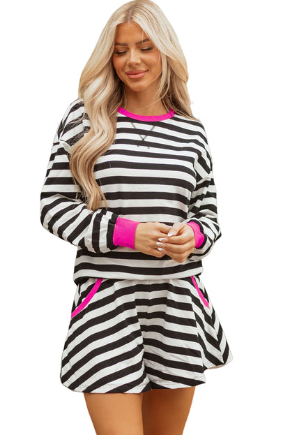 Black Stripe Contrast Ribbed Banding Long Sleeve Blouse Loose Shorts Set