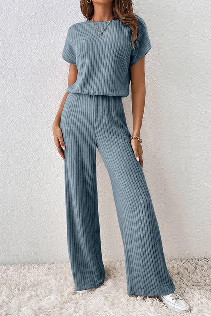 Black Ribbed Keyhole Short Sleeve Wide Leg Jumpsuit
