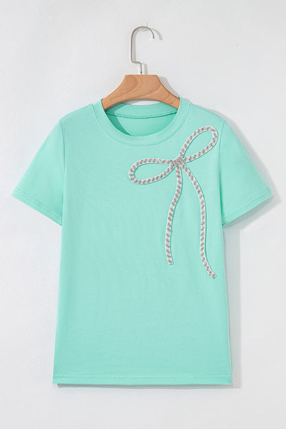 Mint Green Rhinestone Bow Embellished Round Neck Tee