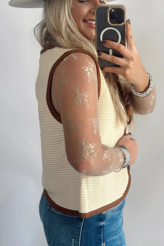 White Horizontal Ribbed Knit Contrast Trim Ties Front Sweater Vest