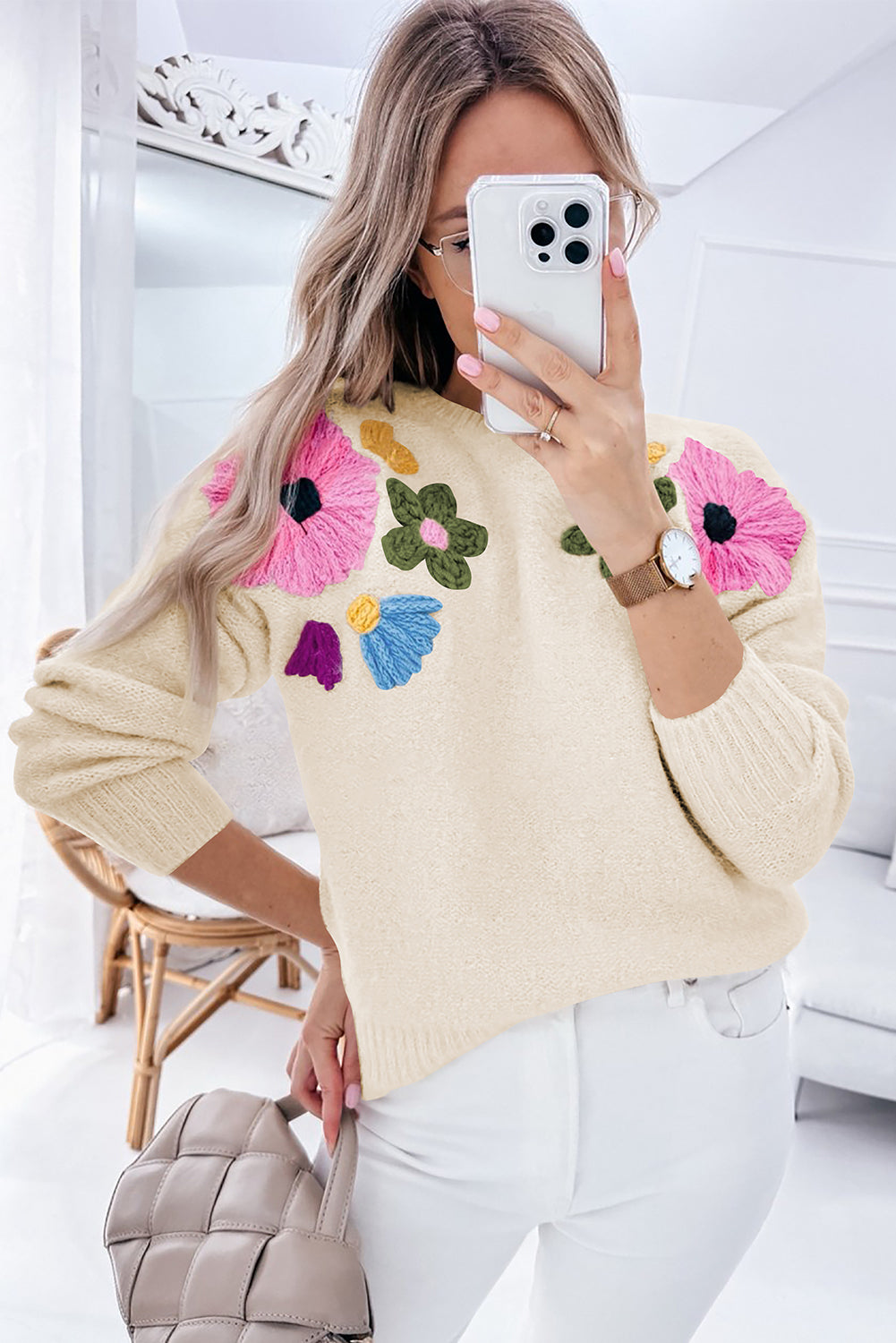 Beige Knitted Flower Pattern Ribbed Edge Sweater