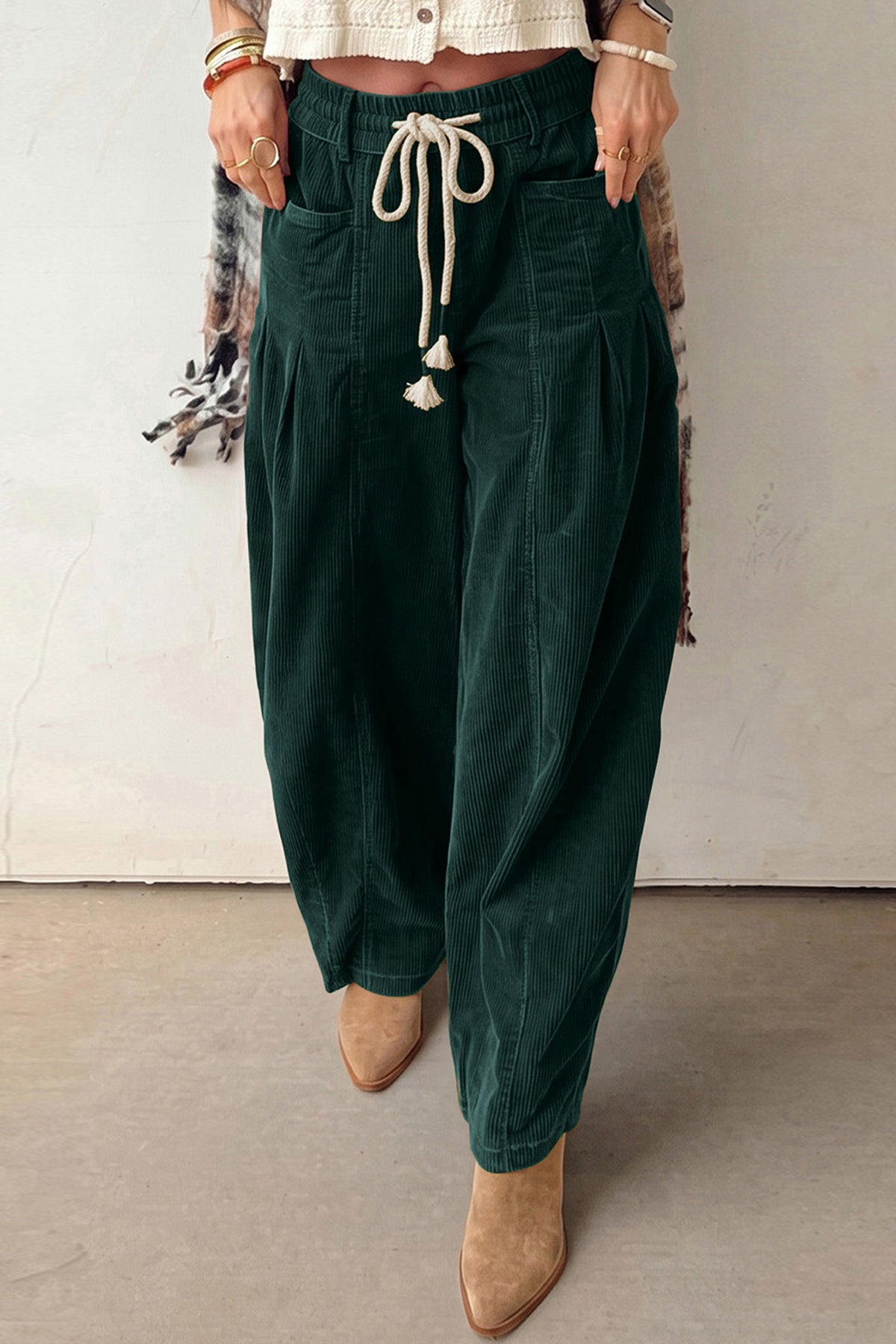 Blackish Green Elastic Waist Drawstring Corduroy Casual Pants