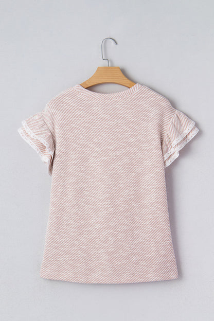 Light Pink Twilled Print Lace Trim Ruffled Short Sleeve Blouse