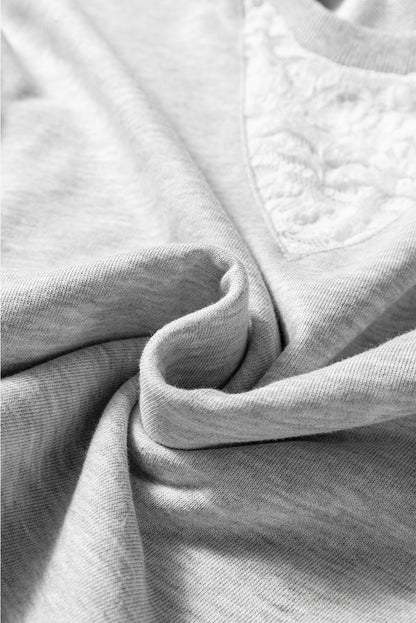 Light Grey Lace Patchwork Drop Shoulder Pullover Drawstring Skort 2pcs Outfit