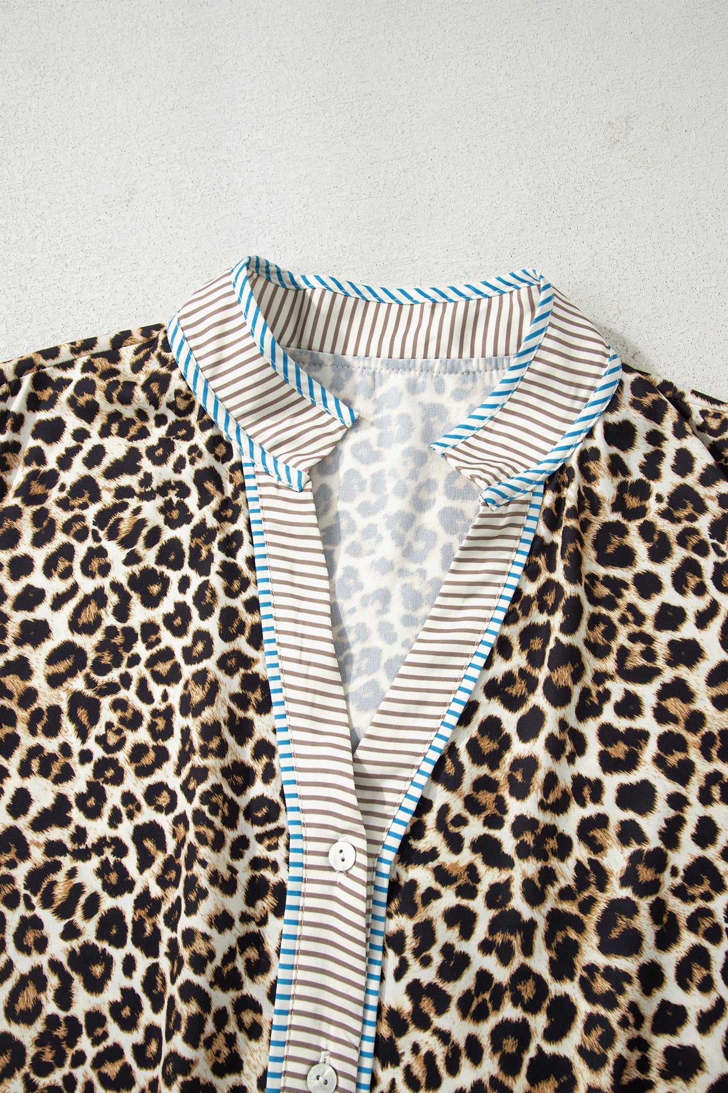 Khaki Plus Size Leopard Print Striped Trim V Neck Drop Waist Long Sleeve Mini Dress