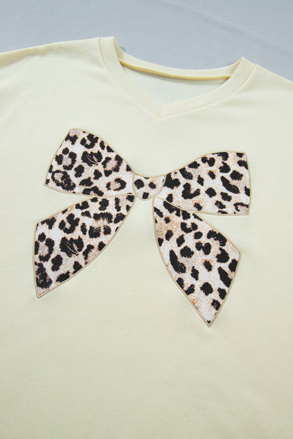 Black Contrast Leopard Bow Patched V Neck Loose Tee Drawstring Shorts 2pcs Outfit