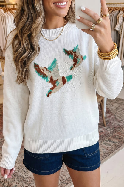 Green Wild Mallard Drop Shoulder Round Neck Long Sleeve Pullover Sweater