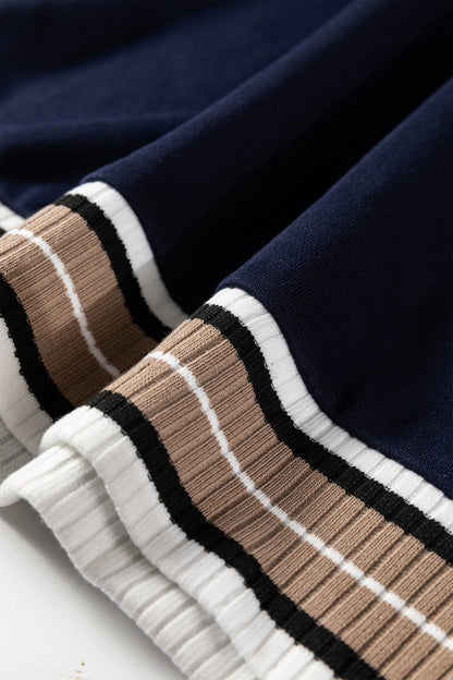 Navy Blue Varsity Contrast Striped Trim V Neck Sweatshirt