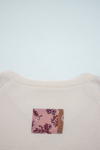 Beige Paisley Ethnic Print Contrast Patchwork Long Sleeve Loose Top