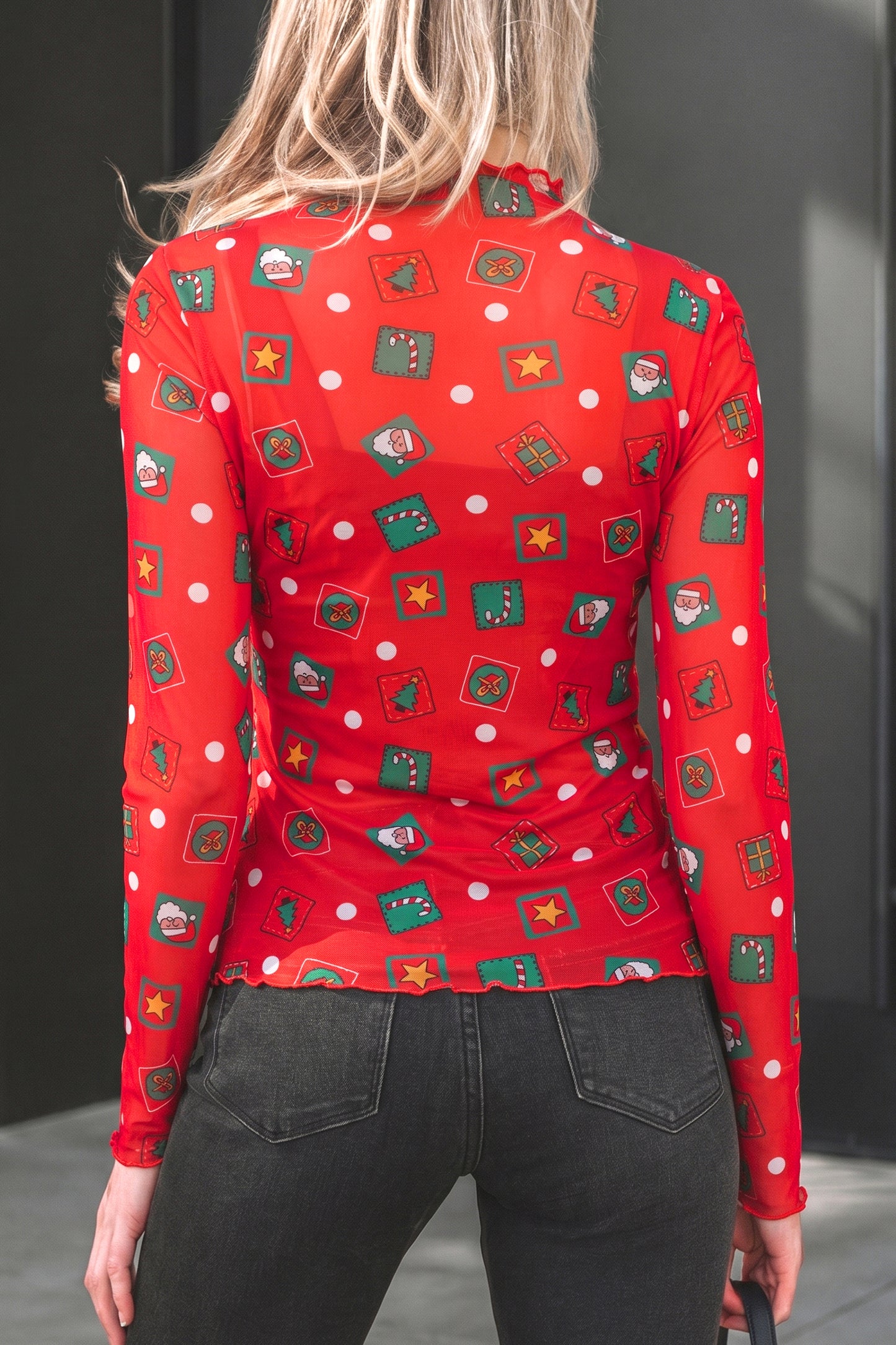 Fiery Red Christmas Elements Printed Long Sleeve Sheer Mesh Top