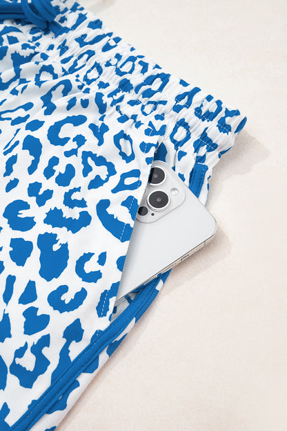 Blue Leopard Elastic Waist Lace up Contrast Trim Casual Shorts