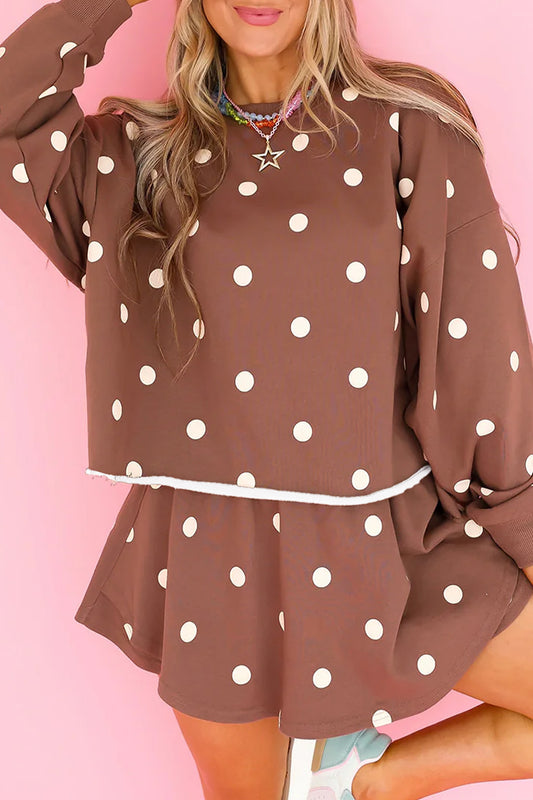 Brown Polka Dot Raw Hem Relaxed Pullover Loose Skort Two Piece Set