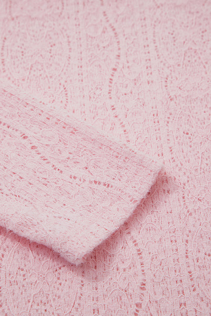 Light Pink Semi Sheer Lace Long Sleeve Cropped Top