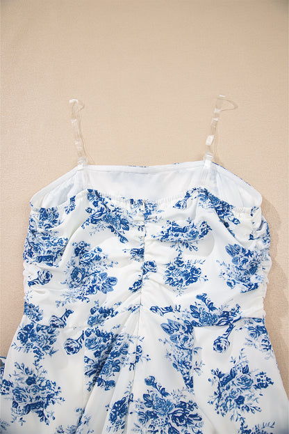 Sky Blue Floral Print Strapless Zipped Back Knot Waist Ruffled Romper
