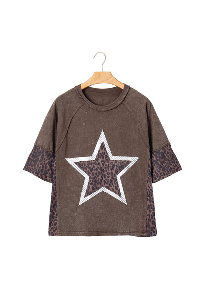 Coffee Mineral Wash Exposed Seam Leopard Star Patched T Shirt