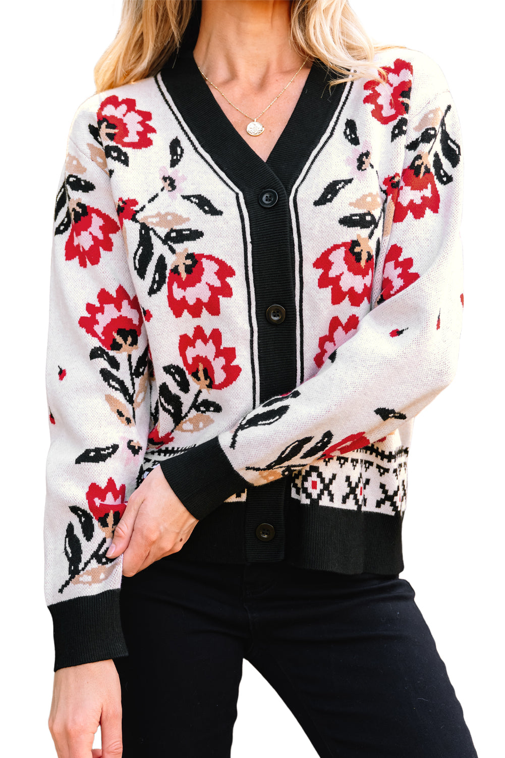 Black Floral Print Buttoned Front V Neck Knit Cardigan