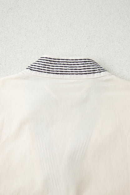 White Floral Puff Sleeve Contrast V Neck Patchwork Blouse